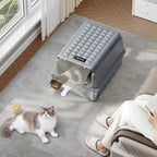 Fobyfurny Stainless Steel Cat Litter Tray with Lid, XXL Closed Metal Cat Litter Tray with Scoop and Footrest, Removable, 120° Hinged Lid, Easy to Clean, Dark Grey FPLB001SG2