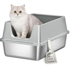 Fobyfurny Stainless Steel Litter Box, XXL Metal Litter Box, Large Cat Litter Box with High Sides and Scoop, Easy to Clean, Open Top, 60.5 x 40 x 29cm, Light Grey, FPLB003SG1