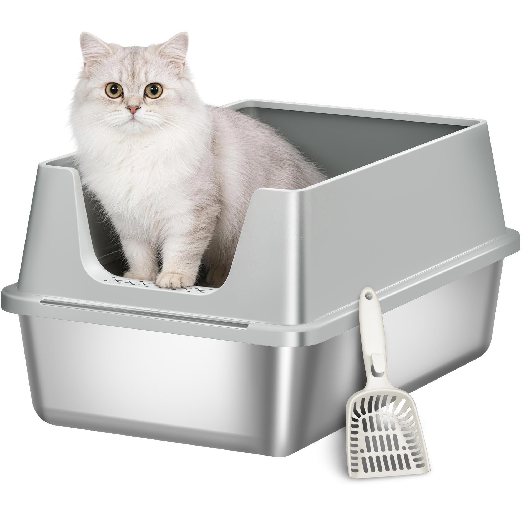 Fobyfurny Stainless Steel Litter Box, XXL Metal Litter Box, Large Cat Litter Box with High Sides and Scoop, Easy to Clean, Open Top, 60.5 x 40 x 29cm, Light Grey, FPLB003SG1