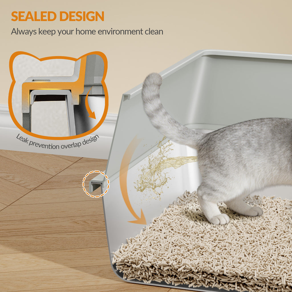 Fobyfurny Stainless Steel Litter Box, XXL Metal Litter Box, Large Cat Litter Box with High Sides and Scoop, Easy to Clean, Open Top, 60.5 x 40 x 29cm, Light Grey, FPLB003SG1
