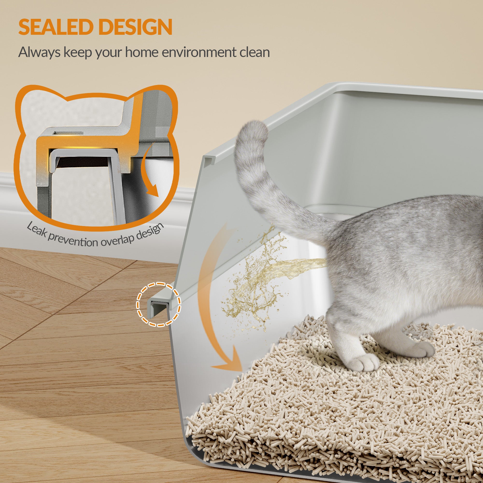 Fobyfurny Stainless Steel Litter Box, XXL Metal Litter Box, Large Cat Litter Box with High Sides and Scoop, Easy to Clean, Open Top, 60.5 x 40 x 29cm, Light Grey, FPLB003SG1