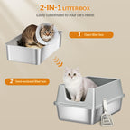 Fobyfurny Stainless Steel Litter Box, XXL Metal Litter Box, Large Cat Litter Box with High Sides and Scoop, Easy to Clean, Open Top, 60.5 x 40 x 29cm, Light Grey, FPLB003SG1