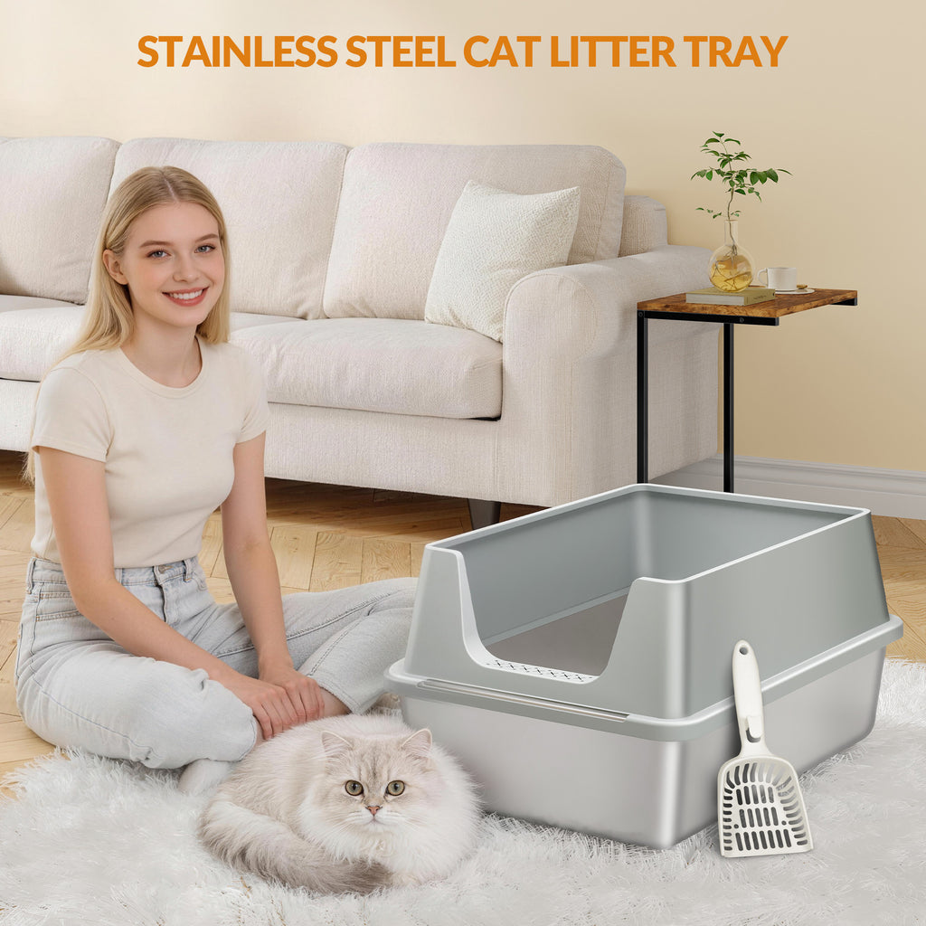 Fobyfurny Stainless Steel Litter Box, XXL Metal Litter Box, Large Cat Litter Box with High Sides and Scoop, Easy to Clean, Open Top, 60.5 x 40 x 29cm, Light Grey, FPLB003SG1