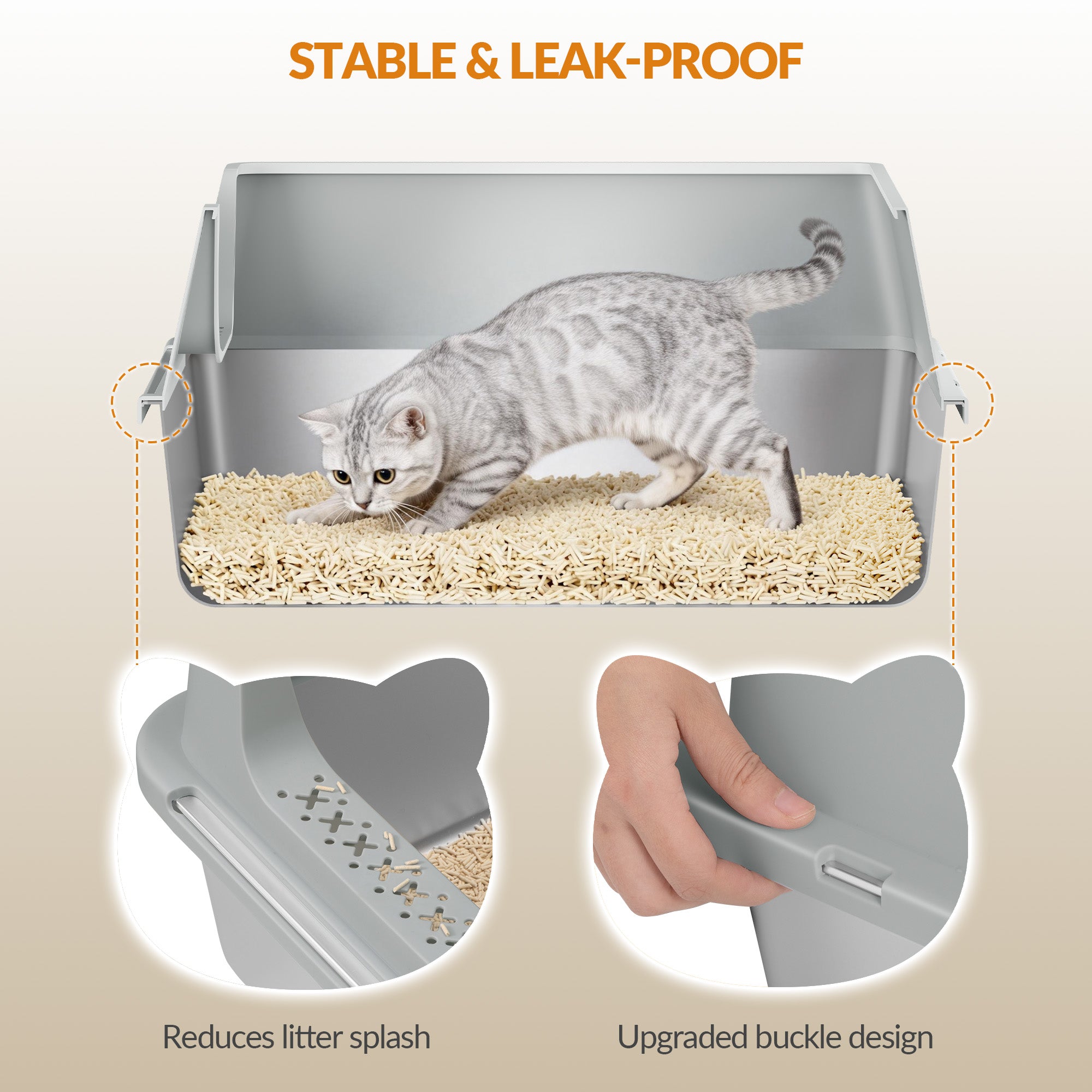 Fobyfurny Stainless Steel Litter Box, XXL Metal Litter Box, Large Cat Litter Box with High Sides and Scoop, Easy to Clean, Open Top, 60.5 x 40 x 29cm, Light Grey, FPLB003SG1