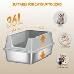 Fobyfurny Stainless Steel Litter Box, XXL Metal Litter Box, Large Cat Litter Box with High Sides and Scoop, Easy to Clean, Open Top, 60.5 x 40 x 29cm, Light Grey, FPLB003SG1