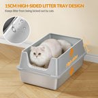 Fobyfurny Stainless Steel Litter Box, XXL Metal Litter Box, Large Cat Litter Box with High Sides and Scoop, Easy to Clean, Open Top, 60.5 x 40 x 29cm, Light Grey, FPLB003SG1