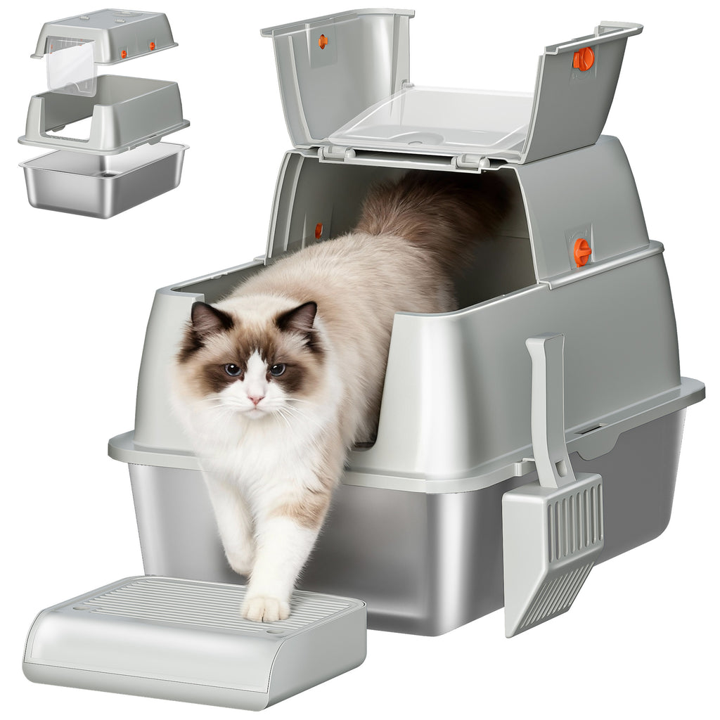 Fobyfurny Stainless Steel Cat Litter Tray with Lid, Closed Cat Litter Tray, 180° Hinged Lid, Includes Pedal and Scoop, Easy to Clean, Modular Design, 61 L x 41 W x 40 H cm, Light Grey,FPLB203SG1