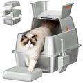 Fobyfurny Stainless Steel Cat Litter Tray with Lid, Closed Cat Litter Tray, 180° Hinged Lid, Includes Pedal and Scoop, Easy to Clean, Modular Design, 61 L x 41 W x 40 H cm, Light Grey,FPLB203SG1