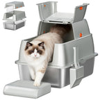 Fobyfurny Stainless Steel Cat Litter Tray with Lid, Closed Cat Litter Tray, 180° Hinged Lid, Includes Pedal and Scoop, Easy to Clean, Modular Design, 61 L x 41 W x 40 H cm, Light Grey,FPLB203SG1