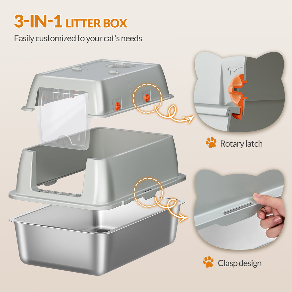 Fobyfurny Stainless Steel Cat Litter Tray with Lid, Closed Cat Litter Tray, 180° Hinged Lid, Includes Pedal and Scoop, Easy to Clean, Modular Design, 61 L x 41 W x 40 H cm, Light Grey,FPLB203SG1