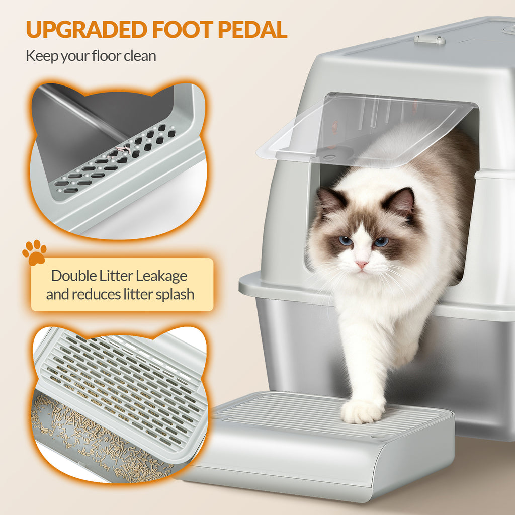 Fobyfurny Stainless Steel Cat Litter Tray with Lid, Closed Cat Litter Tray, 180° Hinged Lid, Includes Pedal and Scoop, Easy to Clean, Modular Design, 61 L x 41 W x 40 H cm, Light Grey,FPLB203SG1