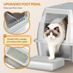 Fobyfurny Stainless Steel Cat Litter Tray with Lid, Closed Cat Litter Tray, 180° Hinged Lid, Includes Pedal and Scoop, Easy to Clean, Modular Design, 61 L x 41 W x 40 H cm, Light Grey,FPLB203SG1