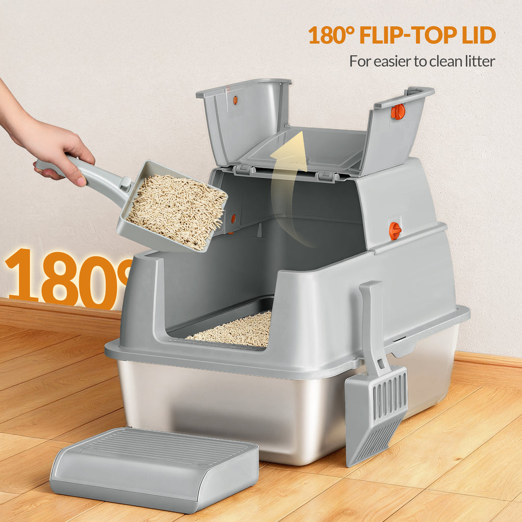 Fobyfurny Stainless Steel Cat Litter Tray with Lid, Closed Cat Litter Tray, 180° Hinged Lid, Includes Pedal and Scoop, Easy to Clean, Modular Design, 61 L x 41 W x 40 H cm, Light Grey,FPLB203SG1