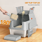 Fobyfurny Stainless Steel Cat Litter Tray with Lid, Closed Cat Litter Tray, 180° Hinged Lid, Includes Pedal and Scoop, Easy to Clean, Modular Design, 61 L x 41 W x 40 H cm, Light Grey,FPLB203SG1