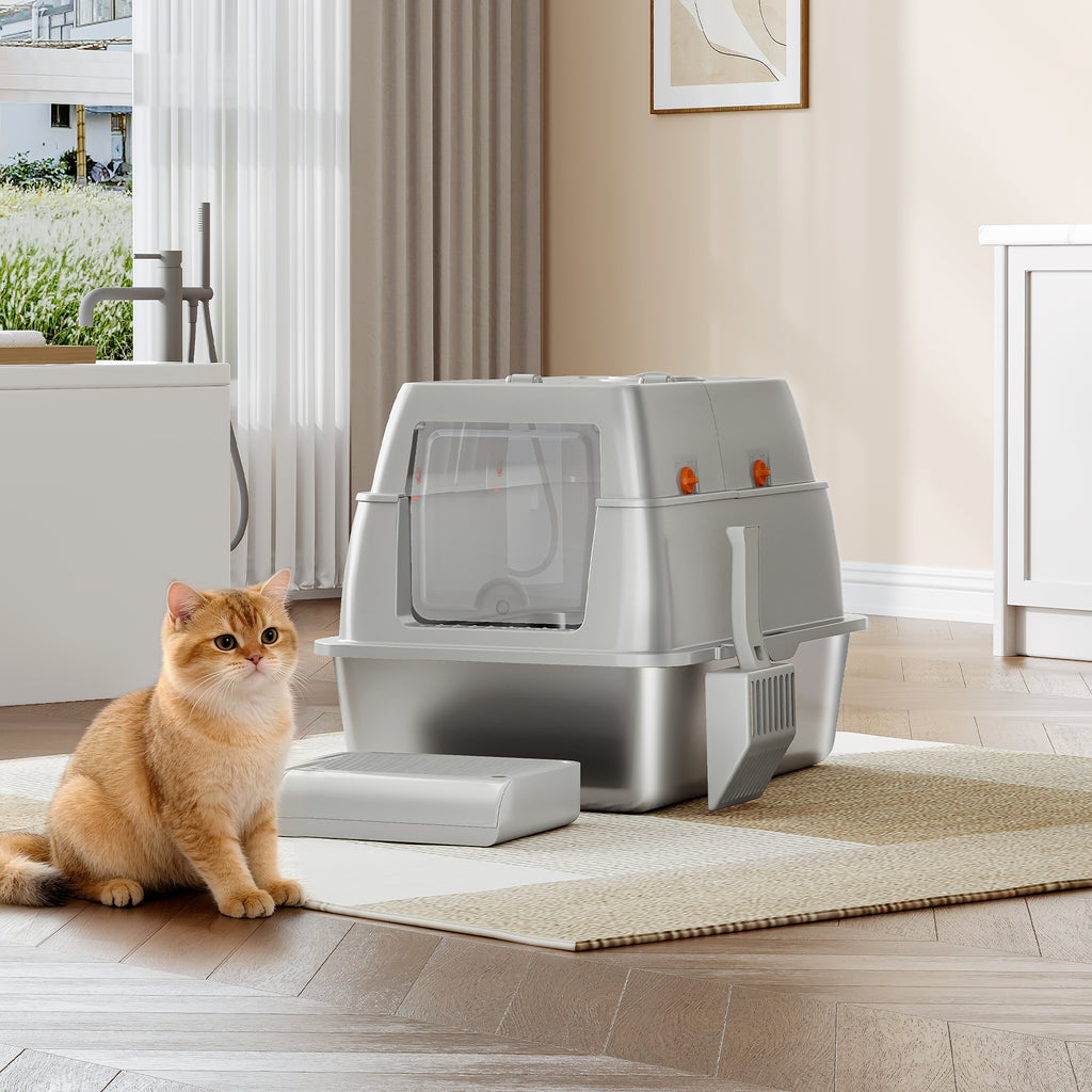Fobyfurny Stainless Steel Cat Litter Tray with Lid, Closed Cat Litter Tray, 180° Hinged Lid, Includes Pedal and Scoop, Easy to Clean, Modular Design, 61 L x 41 W x 40 H cm, Light Grey,FPLB203SG1