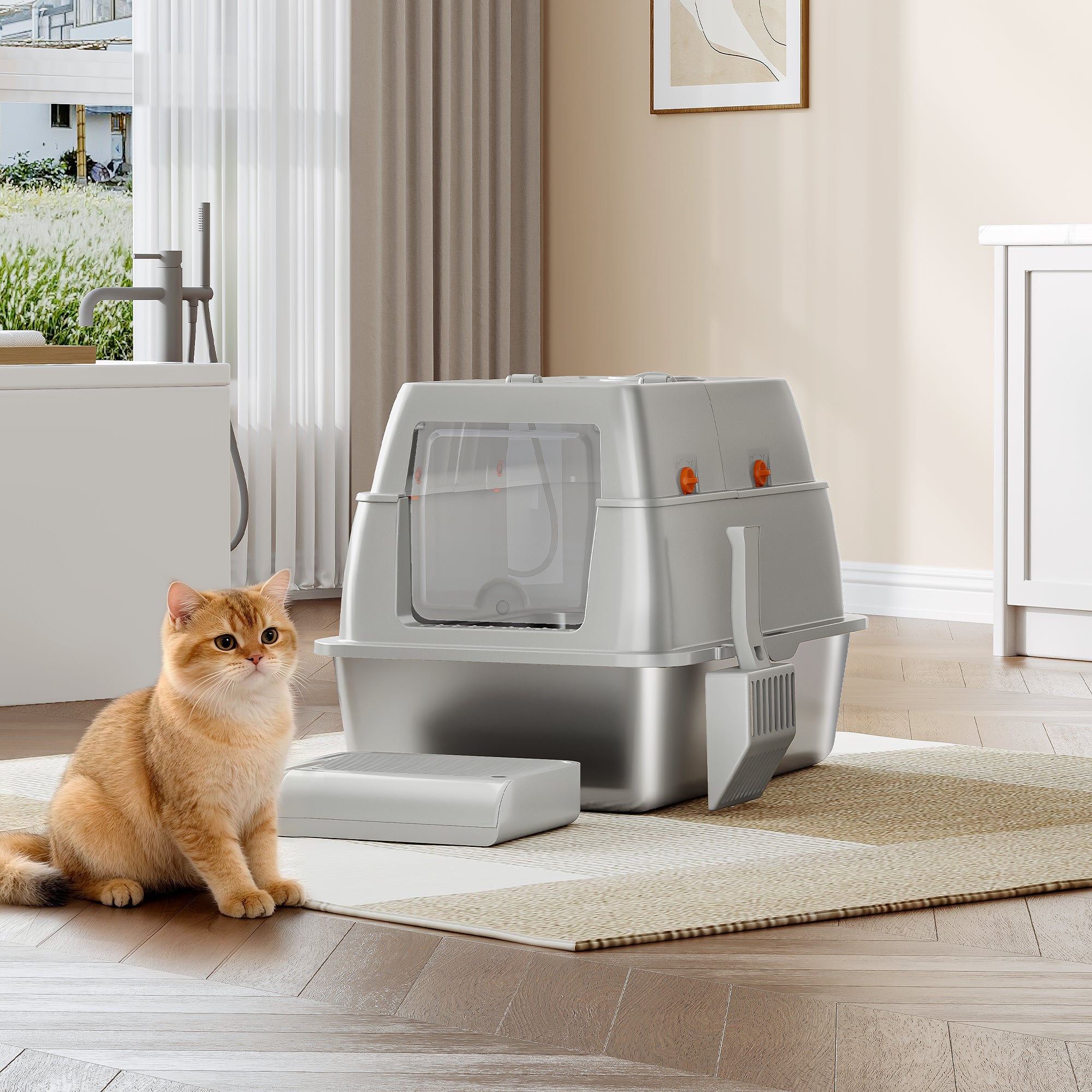 Fobyfurny Stainless Steel Cat Litter Tray with Lid, Closed Cat Litter Tray, 180° Hinged Lid, Includes Pedal and Scoop, Easy to Clean, Modular Design, 61 L x 41 W x 40 H cm, Light Grey,FPLB203SG1