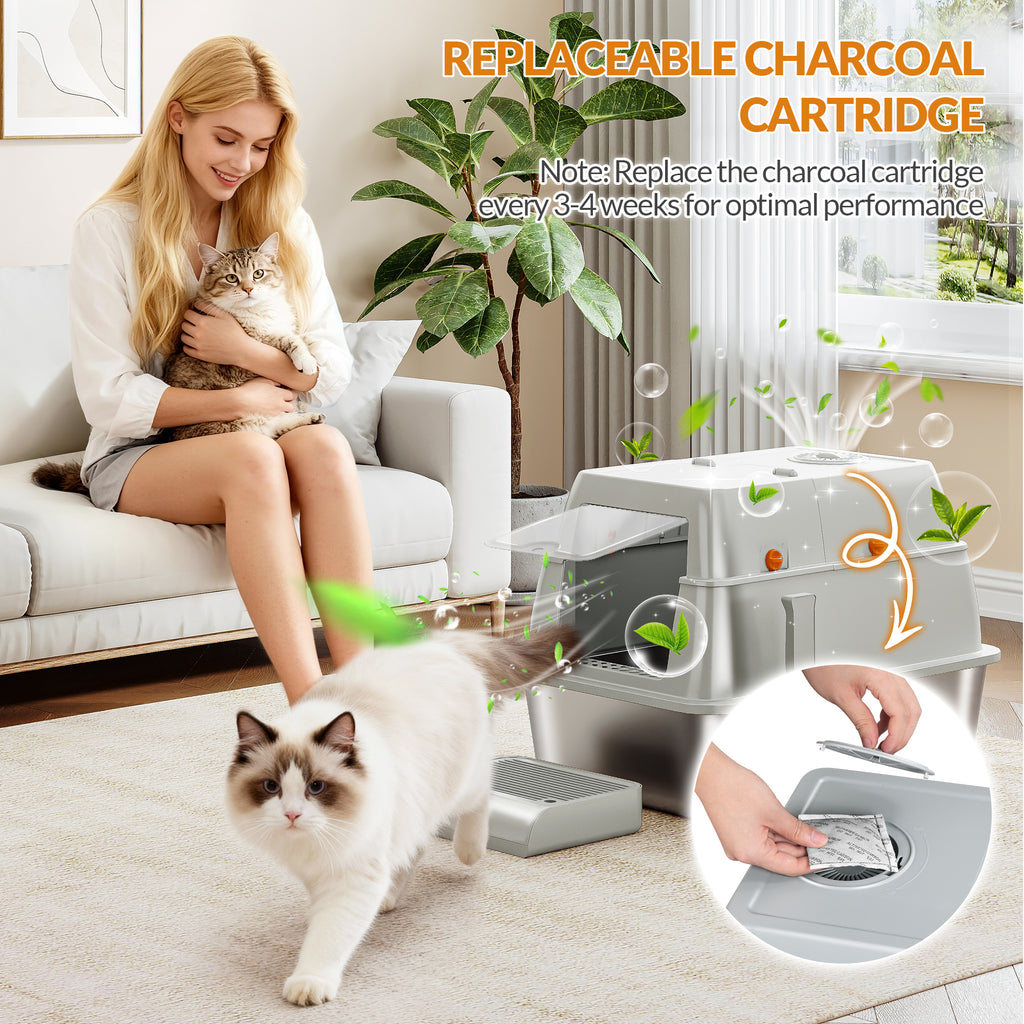 Fobyfurny Stainless Steel Cat Litter Tray with Lid, Closed Cat Litter Tray, 180° Hinged Lid, Includes Pedal and Scoop, Easy to Clean, Modular Design, 61 L x 41 W x 40 H cm, Light Grey,FPLB203SG1