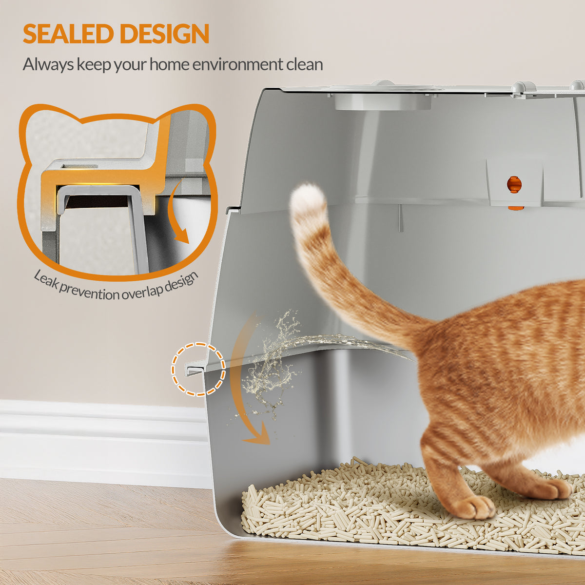 Fobyfurny Stainless Steel Cat Litter Tray with Lid, Closed Cat Litter Tray, 180° Hinged Lid, Includes Pedal and Scoop, Easy to Clean, Modular Design, 61 L x 41 W x 40 H cm, Light Grey,FPLB203SG1