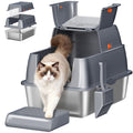 Fobyfurny Stainless steel cat litter box with lid, enclosed cat litter box, 180° hinged lid, includes pedal and scoop, easy to clean, modular design, 61 L x 41 W x 40 H cm, dark grey, FPLB203SG2