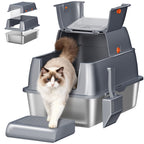 Fobyfurny Stainless steel cat litter box with lid, enclosed cat litter box, 180° hinged lid, includes pedal and scoop, easy to clean, modular design, 61 L x 41 W x 40 H cm, dark grey, FPLB203SG2