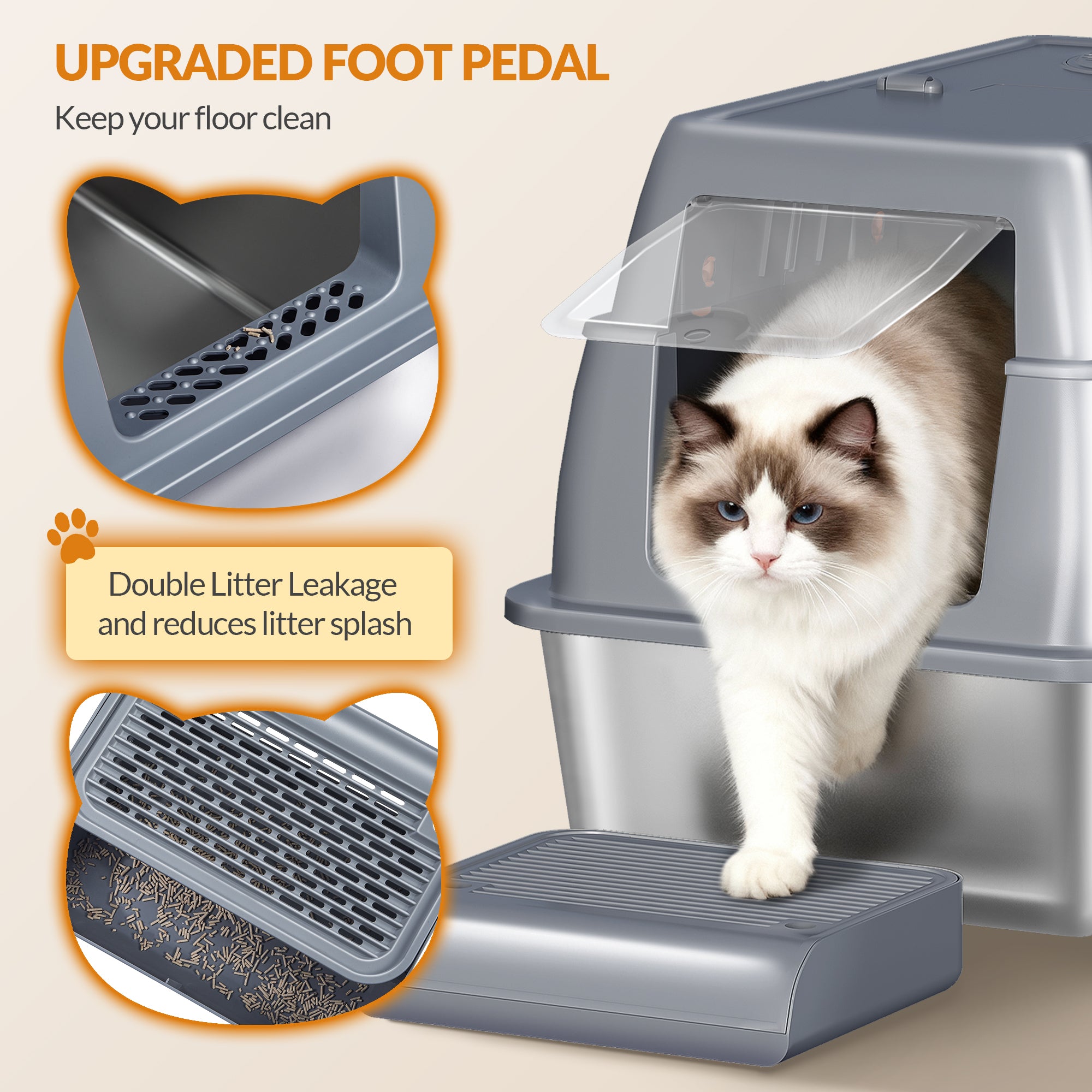 Fobyfurny Stainless steel cat litter box with lid, enclosed cat litter box, 180° hinged lid, includes pedal and scoop, easy to clean, modular design, 61 L x 41 W x 40 H cm, dark grey, FPLB203SG2