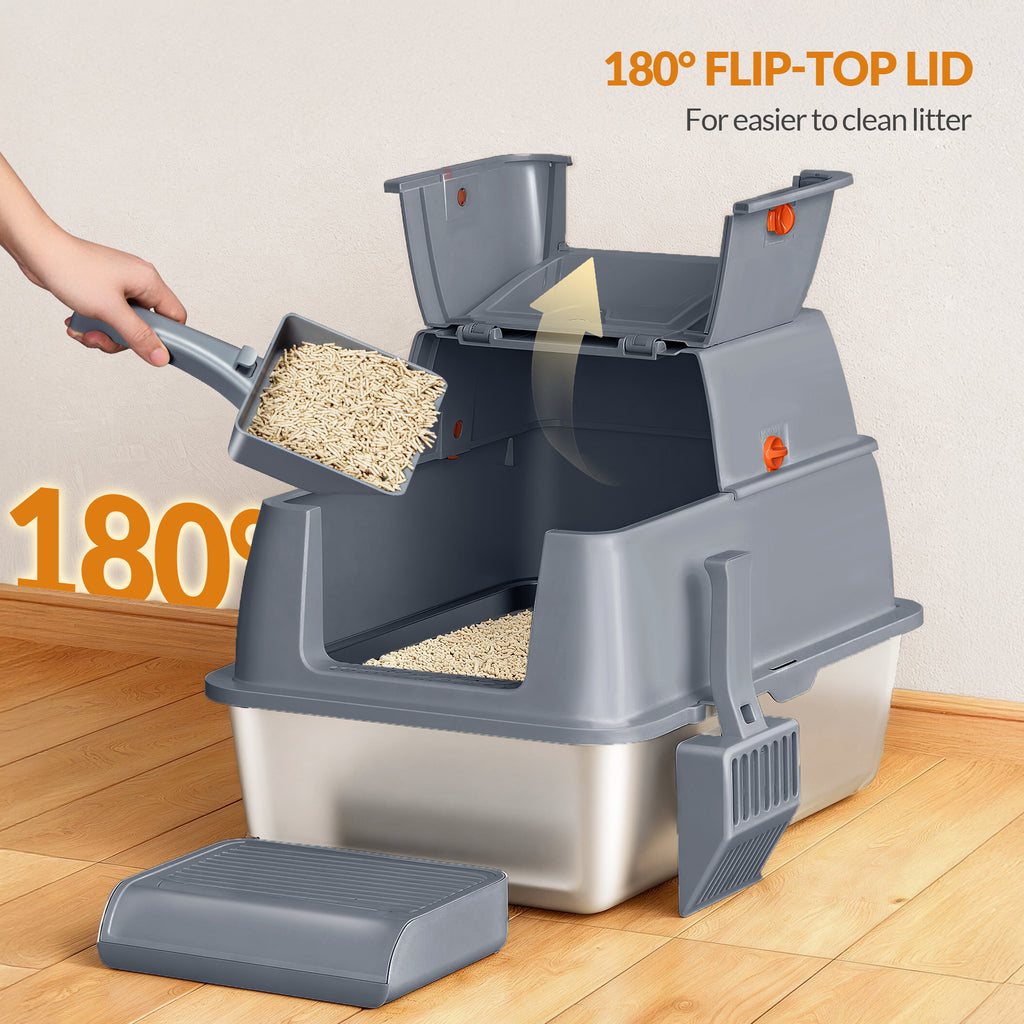 Fobyfurny Stainless steel cat litter box with lid, enclosed cat litter box, 180° hinged lid, includes pedal and scoop, easy to clean, modular design, 61 L x 41 W x 40 H cm, dark grey, FPLB203SG2
