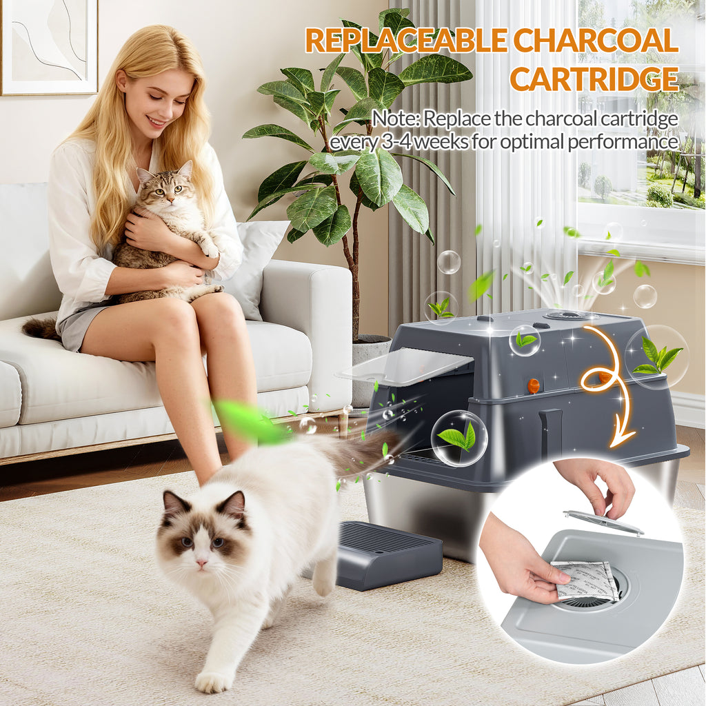 Fobyfurny Stainless steel cat litter box with lid, enclosed cat litter box, 180° hinged lid, includes pedal and scoop, easy to clean, modular design, 61 L x 41 W x 40 H cm, dark grey, FPLB203SG2