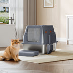 Fobyfurny Stainless steel cat litter box with lid, enclosed cat litter box, 180° hinged lid, includes pedal and scoop, easy to clean, modular design, 61 L x 41 W x 40 H cm, dark grey, FPLB203SG2
