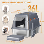 Fobyfurny Stainless steel cat litter box with lid, enclosed cat litter box, 180° hinged lid, includes pedal and scoop, easy to clean, modular design, 61 L x 41 W x 40 H cm, dark grey, FPLB203SG2