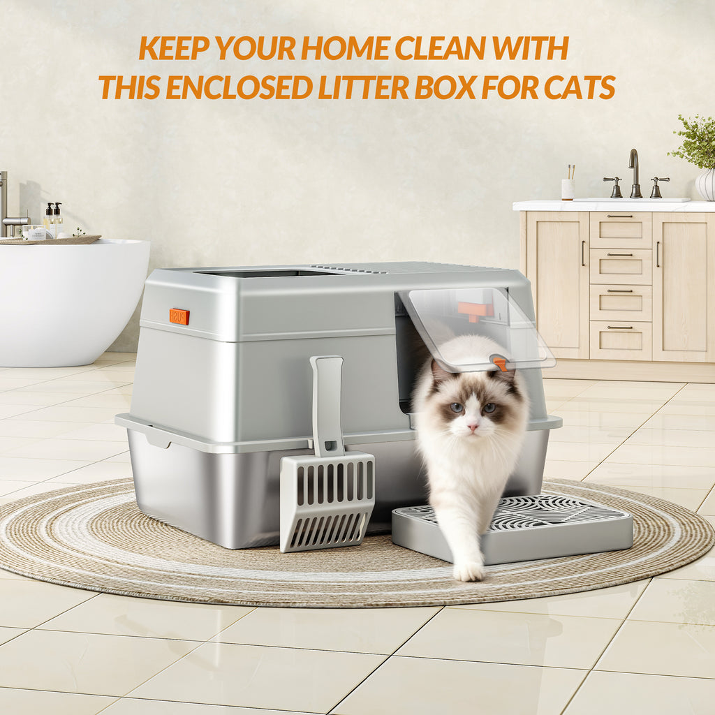 Fobyfurny Stainless Steel Cat Litter Tray with Lid, XL Closed Cat Litter Tray with Step and Shovel, Easy to Clean, Two Entrances, Removable, 60 x 40 x 38 cm, Light Grey,FPLB204SG1