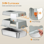 Fobyfurny Stainless Steel Cat Litter Tray with Lid, XL Closed Cat Litter Tray with Step and Shovel, Easy to Clean, Two Entrances, Removable, 60 x 40 x 38 cm, Light Grey,FPLB204SG1