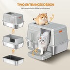 Fobyfurny Stainless Steel Cat Litter Tray with Lid, XL Closed Cat Litter Tray with Step and Shovel, Easy to Clean, Two Entrances, Removable, 60 x 40 x 38 cm, Light Grey,FPLB204SG1