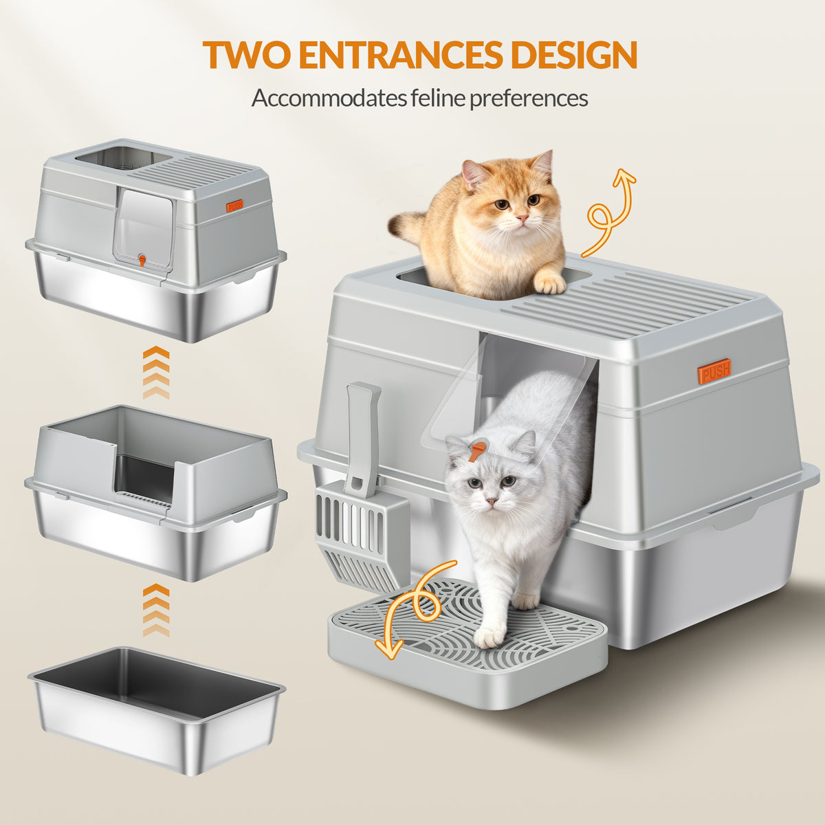Fobyfurny Stainless Steel Cat Litter Tray with Lid, XL Closed Cat Litter Tray with Step and Shovel, Easy to Clean, Two Entrances, Removable, 60 x 40 x 38 cm, Light Grey,FPLB204SG1