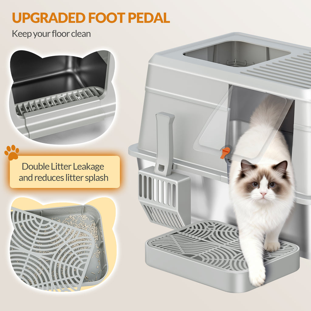 Fobyfurny Stainless Steel Cat Litter Tray with Lid, XL Closed Cat Litter Tray with Step and Shovel, Easy to Clean, Two Entrances, Removable, 60 x 40 x 38 cm, Light Grey,FPLB204SG1