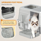 Fobyfurny Stainless Steel Cat Litter Tray with Lid, XL Closed Cat Litter Tray with Step and Shovel, Easy to Clean, Two Entrances, Removable, 60 x 40 x 38 cm, Light Grey,FPLB204SG1