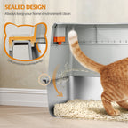 Fobyfurny Stainless Steel Cat Litter Tray with Lid, XL Closed Cat Litter Tray with Step and Shovel, Easy to Clean, Two Entrances, Removable, 60 x 40 x 38 cm, Light Grey,FPLB204SG1