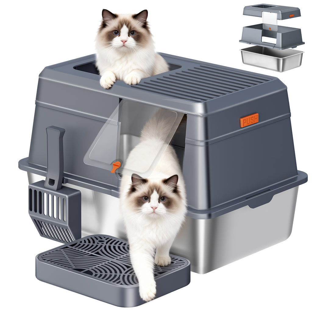 Fobyfurny Stainless Steel Cat Litter Tray with Lid, XXL Closed Cat Litter Tray with Step and Shovel, Easy to Clean, Two Entrances, Removable, 60 x 40 x 38 cm, Dark Grey,FPLB204SG2