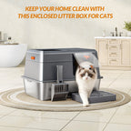 Fobyfurny Stainless Steel Cat Litter Tray with Lid, XXL Closed Cat Litter Tray with Step and Shovel, Easy to Clean, Two Entrances, Removable, 60 x 40 x 38 cm, Dark Grey,FPLB204SG2