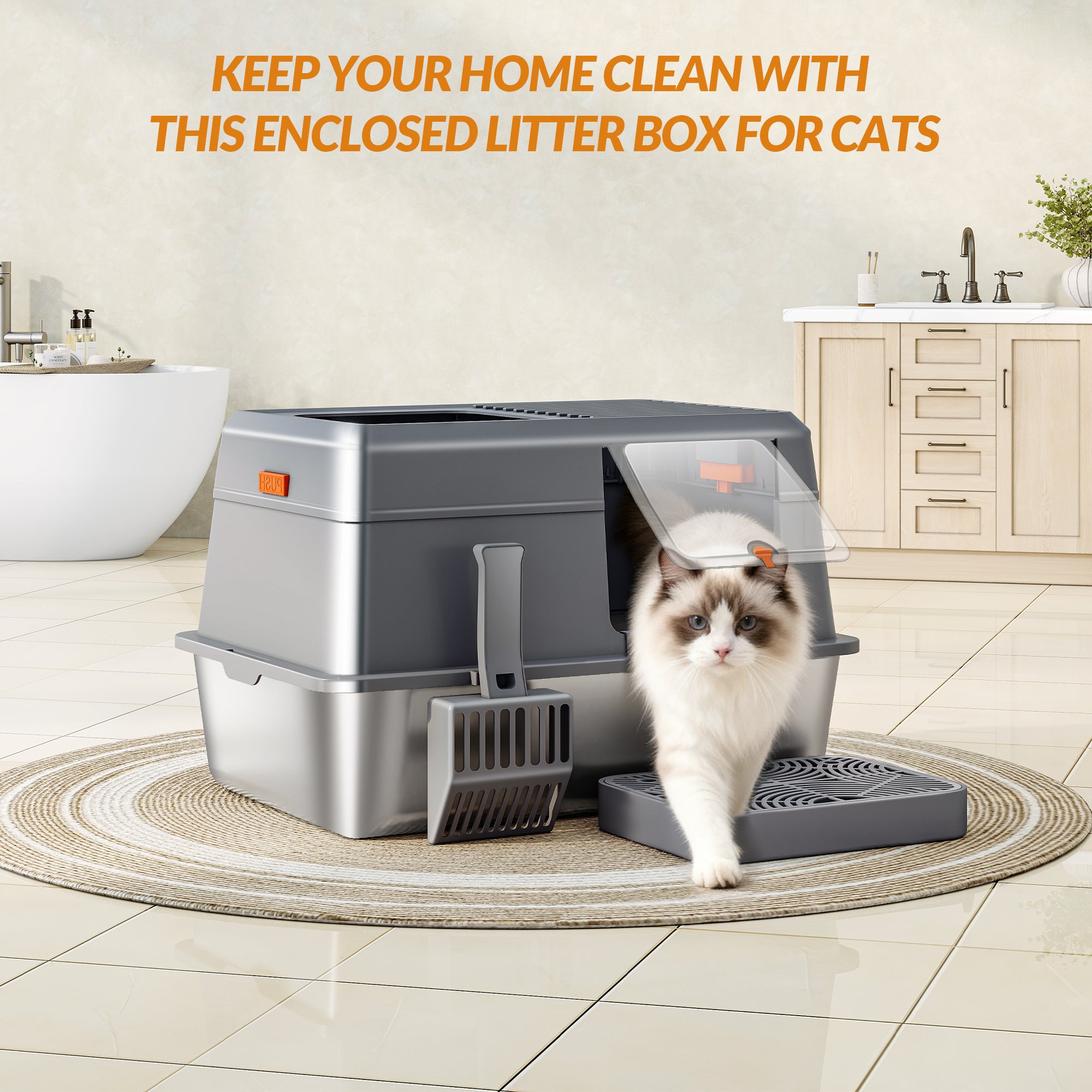 Fobyfurny Stainless Steel Cat Litter Tray with Lid, XXL Closed Cat Litter Tray with Step and Shovel, Easy to Clean, Two Entrances, Removable, 60 x 40 x 38 cm, Dark Grey,FPLB204SG2