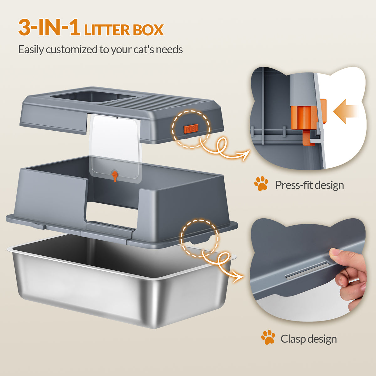 Fobyfurny Stainless Steel Cat Litter Tray with Lid, XXL Closed Cat Litter Tray with Step and Shovel, Easy to Clean, Two Entrances, Removable, 60 x 40 x 38 cm, Dark Grey,FPLB204SG2