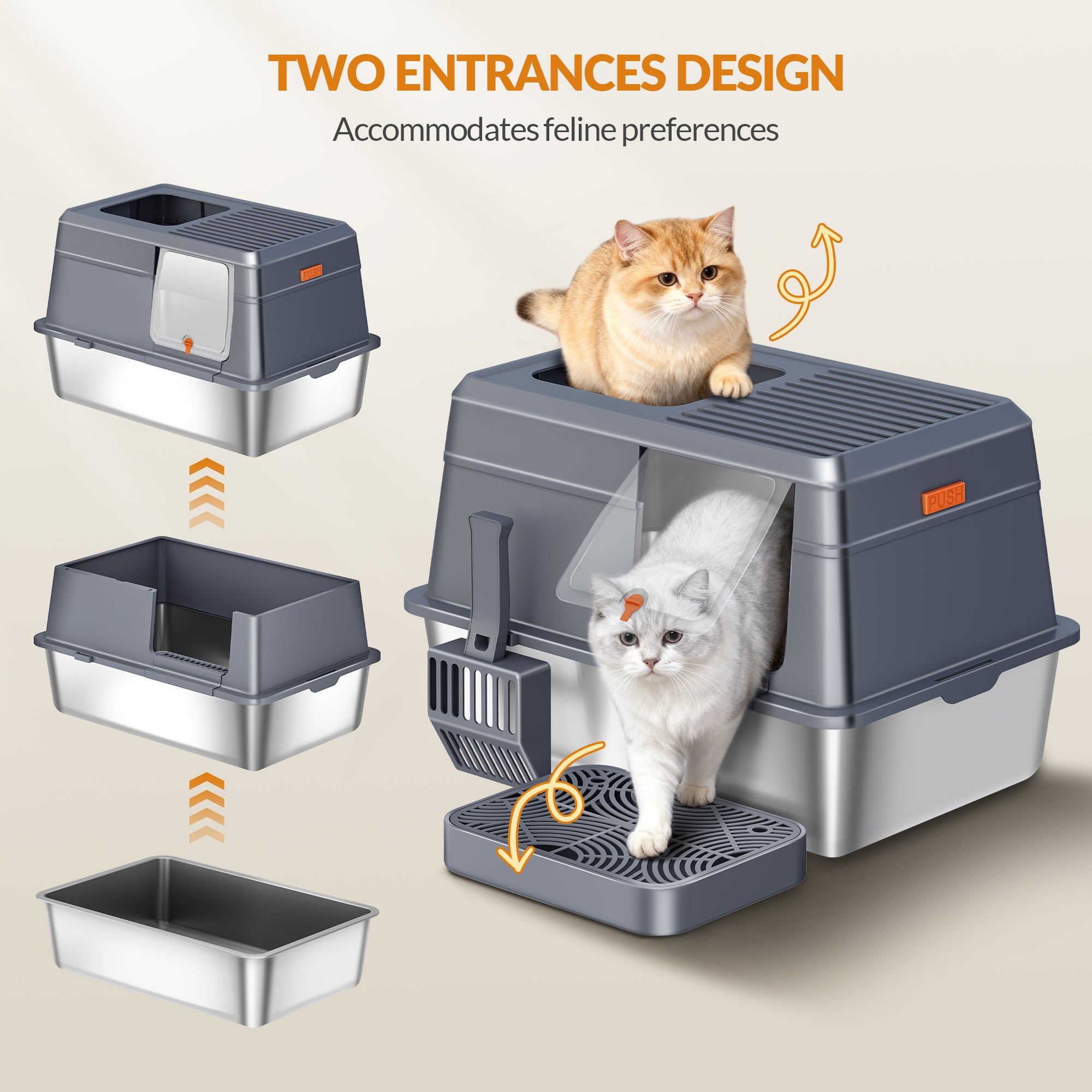 Fobyfurny Stainless Steel Cat Litter Tray with Lid, XXL Closed Cat Litter Tray with Step and Shovel, Easy to Clean, Two Entrances, Removable, 60 x 40 x 38 cm, Dark Grey,FPLB204SG2