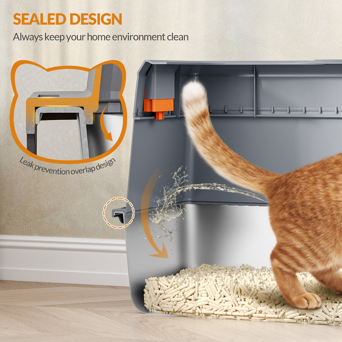 Fobyfurny Stainless Steel Cat Litter Tray with Lid, XXL Closed Cat Litter Tray with Step and Shovel, Easy to Clean, Two Entrances, Removable, 60 x 40 x 38 cm, Dark Grey,FPLB204SG2