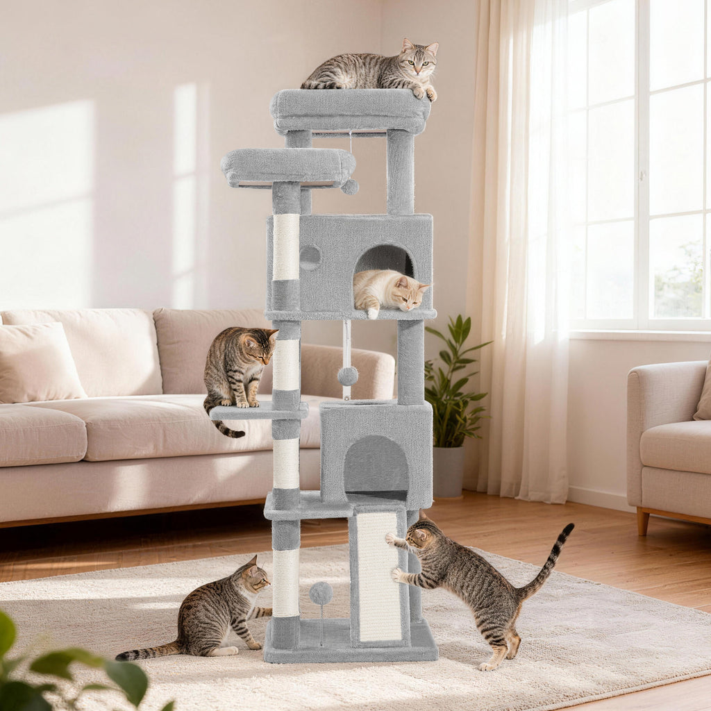 Fobyfurny Cat Tree Large Cat Scratching Post Large Cats Stable with Scratching Posts Scratching Board 2 Comfortable Cat Caves, 2 Top Platforms, Side Rest Platform, Pompoms, Light Grey,FPMS004FG1