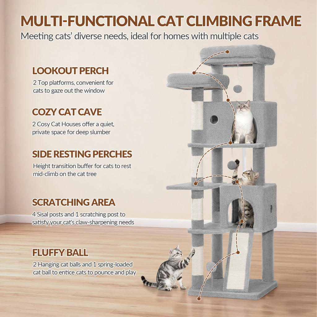 Fobyfurny Cat Tree Large Cat Scratching Post Large Cats Stable with Scratching Posts Scratching Board 2 Comfortable Cat Caves, 2 Top Platforms, Side Rest Platform, Pompoms, Light Grey,FPMS004FG1
