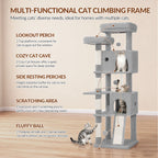 Fobyfurny Cat Tree Large Cat Scratching Post Large Cats Stable with Scratching Posts Scratching Board 2 Comfortable Cat Caves, 2 Top Platforms, Side Rest Platform, Pompoms, Light Grey,FPMS004FG1