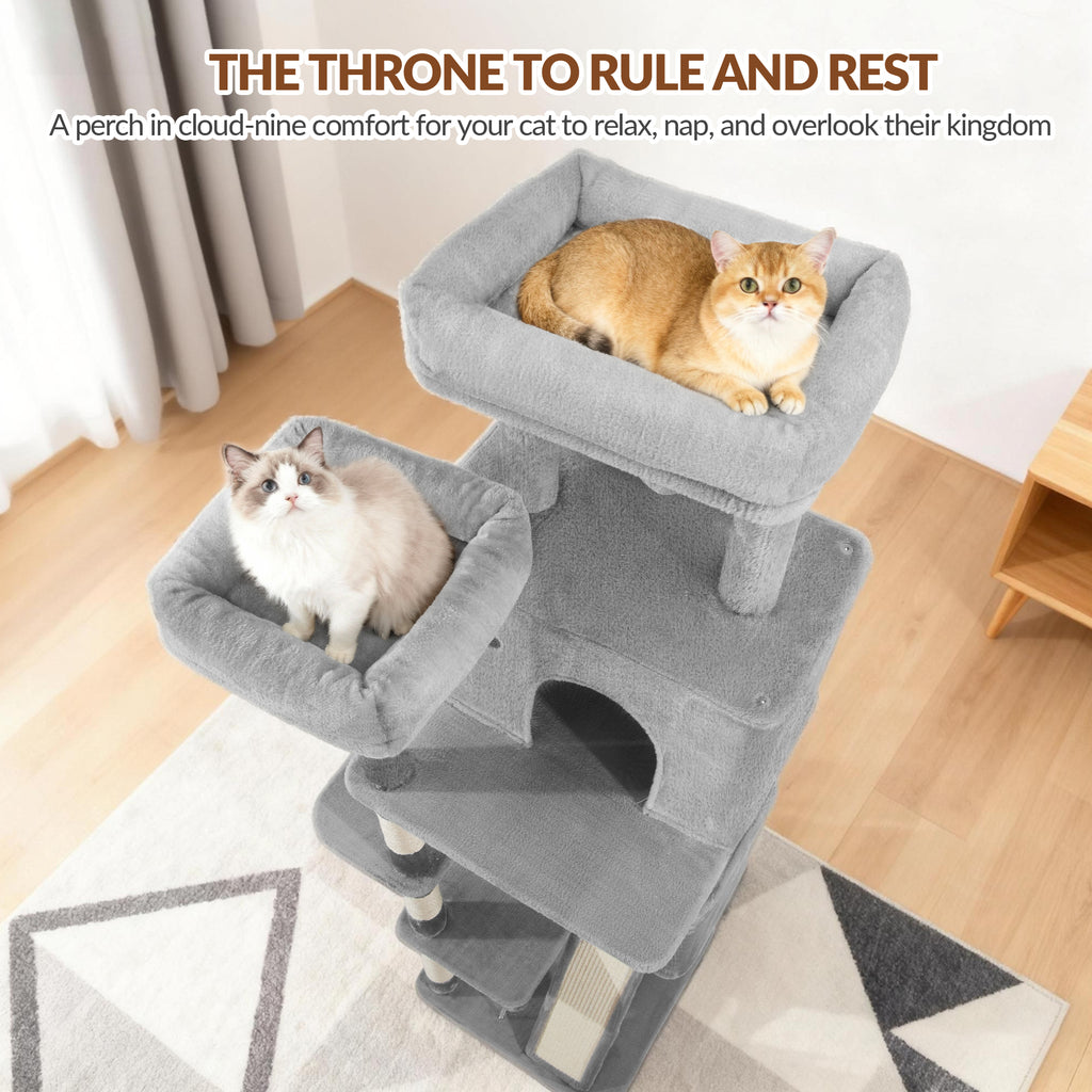 Fobyfurny Cat Tree Large Cat Scratching Post Large Cats Stable with Scratching Posts Scratching Board 2 Comfortable Cat Caves, 2 Top Platforms, Side Rest Platform, Pompoms, Light Grey,FPMS004FG1