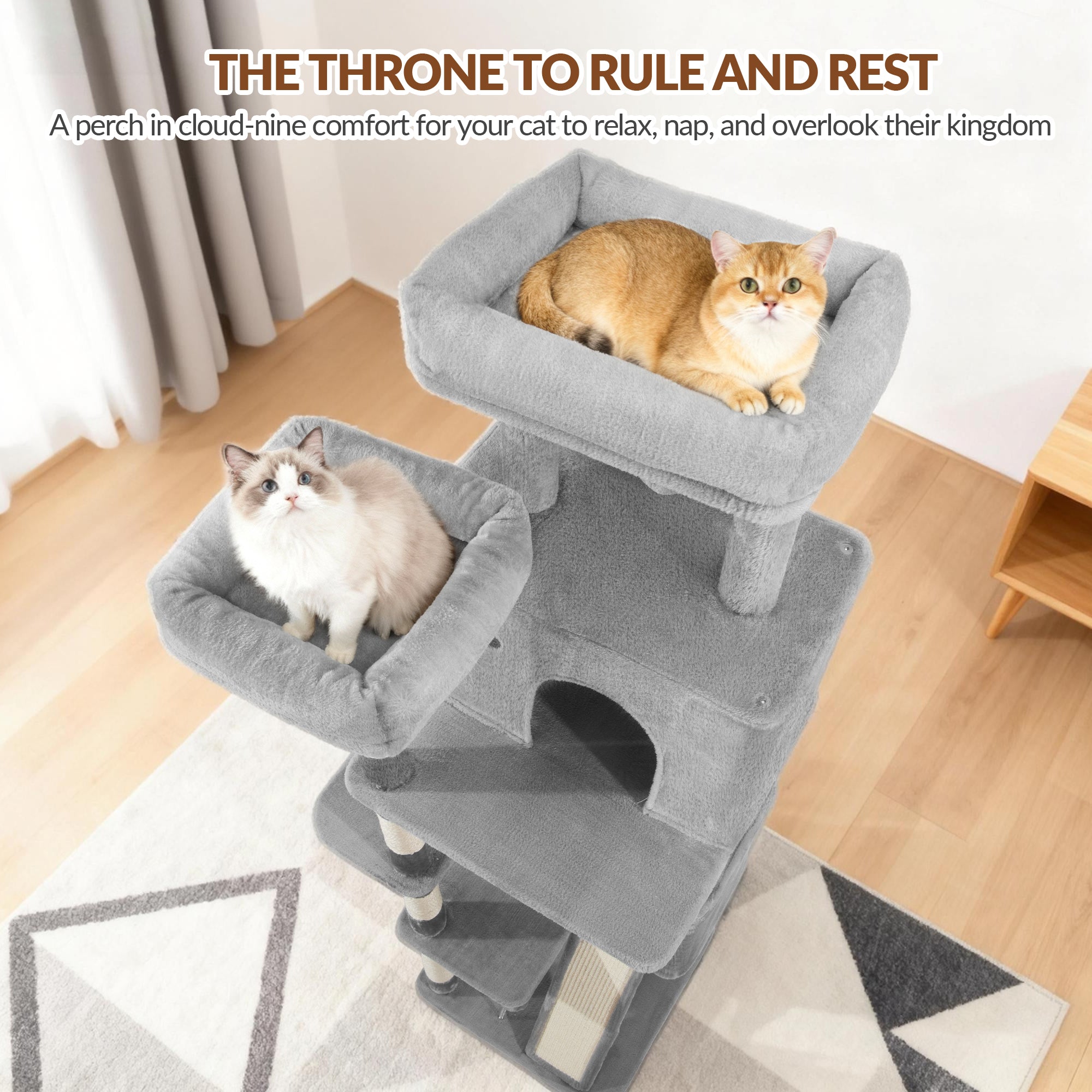 Fobyfurny Cat Tree Large Cat Scratching Post Large Cats Stable with Scratching Posts Scratching Board 2 Comfortable Cat Caves, 2 Top Platforms, Side Rest Platform, Pompoms, Light Grey,FPMS004FG1