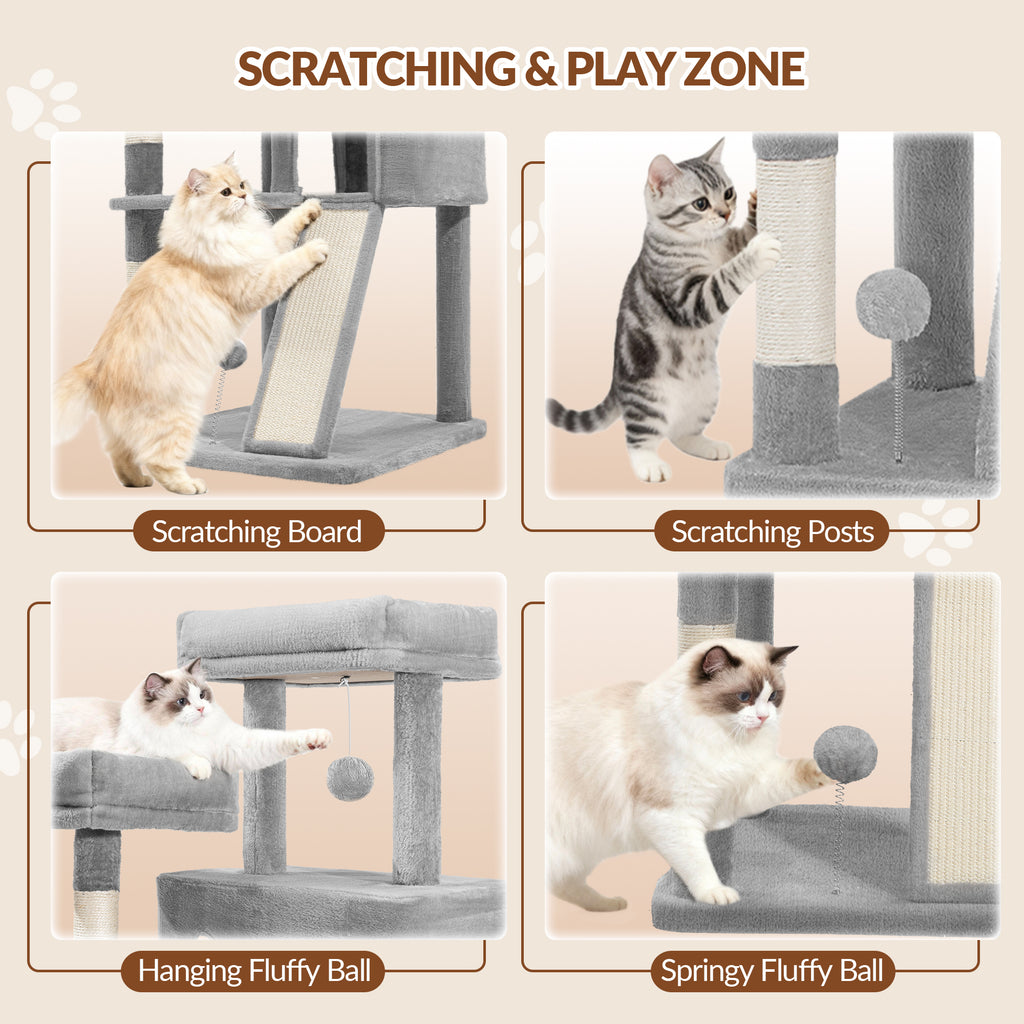Fobyfurny Cat Tree Large Cat Scratching Post Large Cats Stable with Scratching Posts Scratching Board 2 Comfortable Cat Caves, 2 Top Platforms, Side Rest Platform, Pompoms, Light Grey,FPMS004FG1
