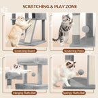 Fobyfurny Cat Tree Large Cat Scratching Post Large Cats Stable with Scratching Posts Scratching Board 2 Comfortable Cat Caves, 2 Top Platforms, Side Rest Platform, Pompoms, Light Grey,FPMS004FG1