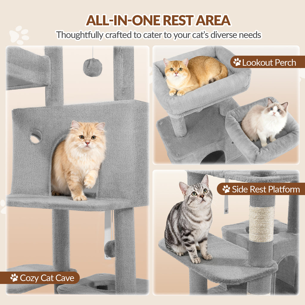 Fobyfurny Cat Tree Large Cat Scratching Post Large Cats Stable with Scratching Posts Scratching Board 2 Comfortable Cat Caves, 2 Top Platforms, Side Rest Platform, Pompoms, Light Grey,FPMS004FG1